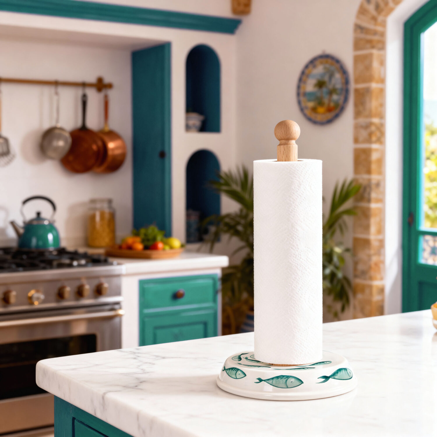 Portarotolo da cucina in ceramica decorata pesci