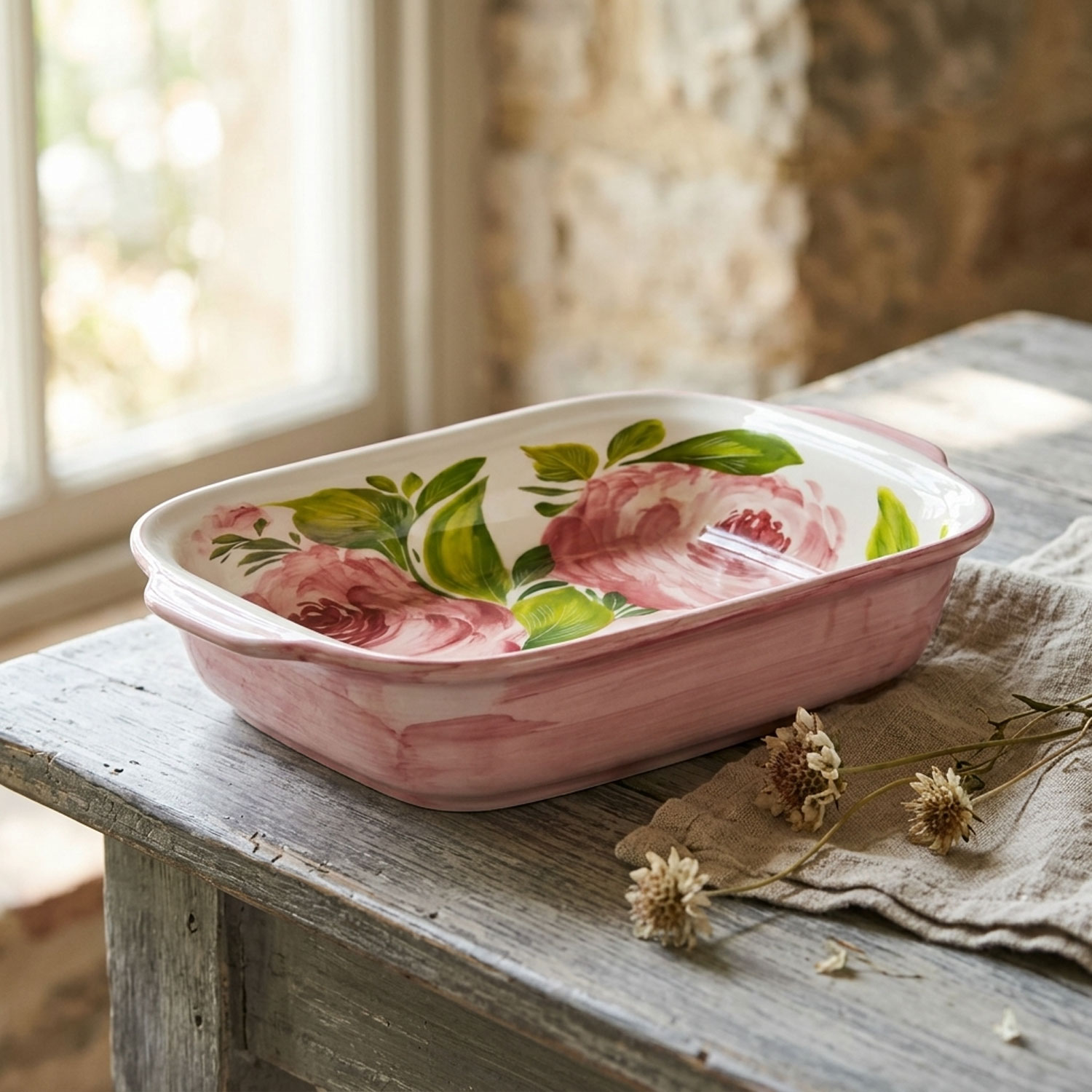 Teglia pirofila in ceramica decorata rose