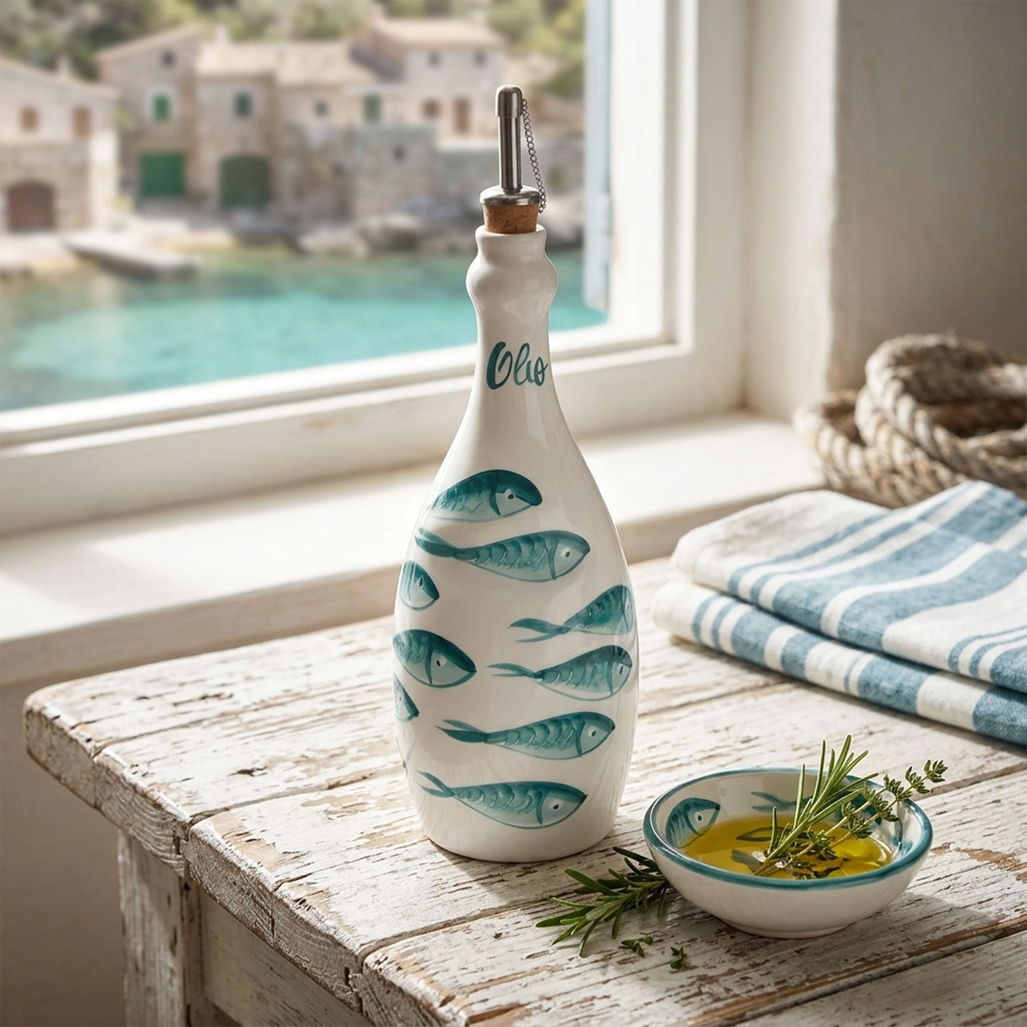 Bottiglia olio in ceramica decorata pesci 750 ml