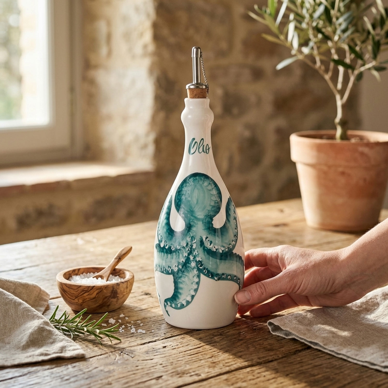 Bottiglia olio in ceramica decorata polpo 750 ml
