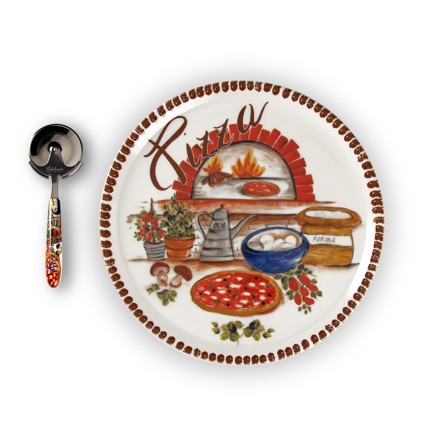 Set piatti pizza in porcellana decorata marrone con rotella