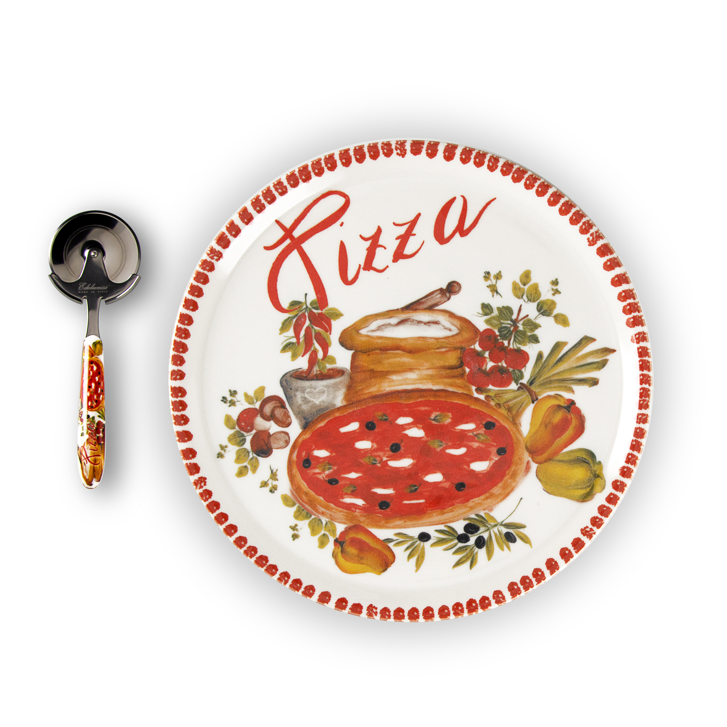 Set piatti pizza in porcellana decorata rosso con rotella