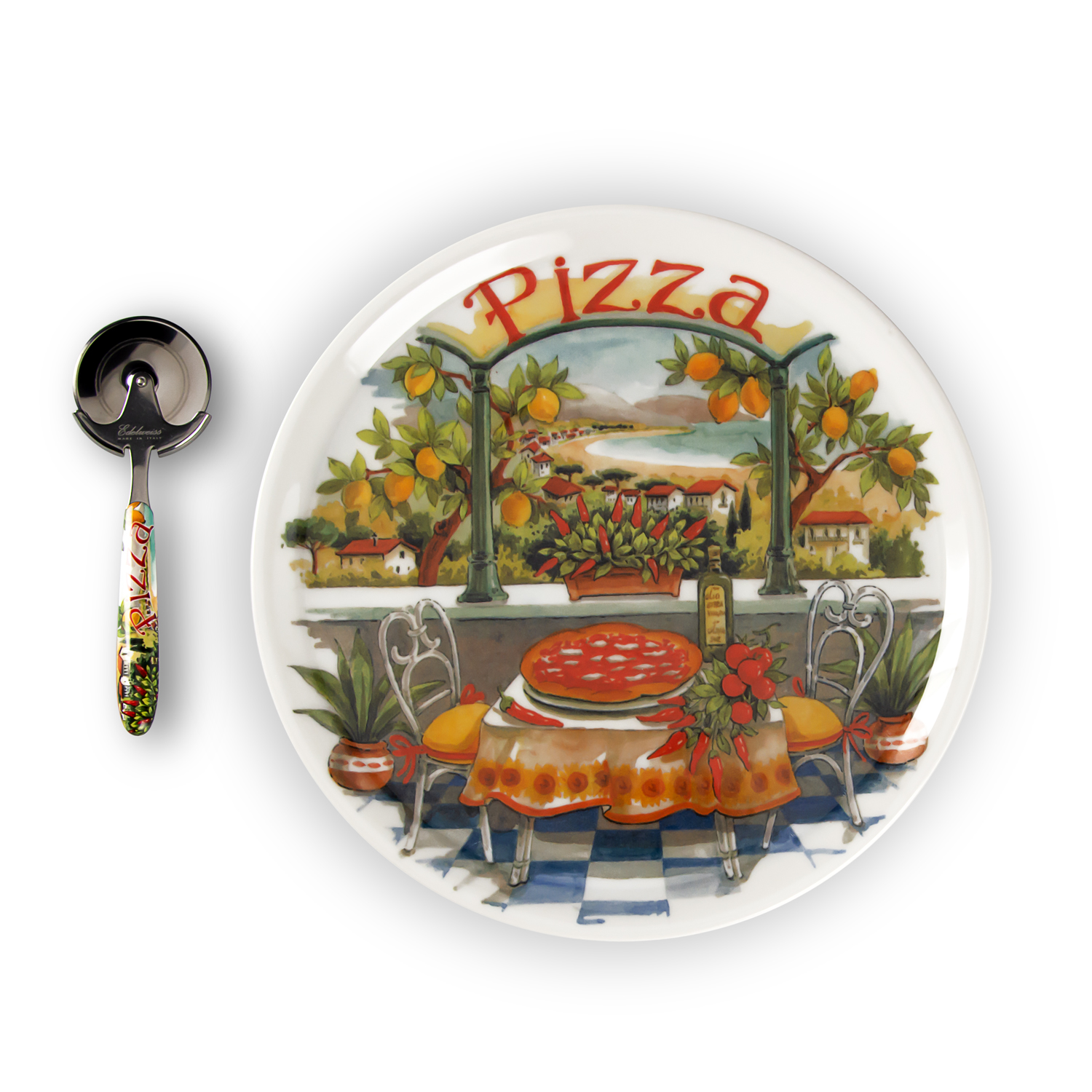 Set piatti pizza in porcellana decorata paesaggio limoni con rotella