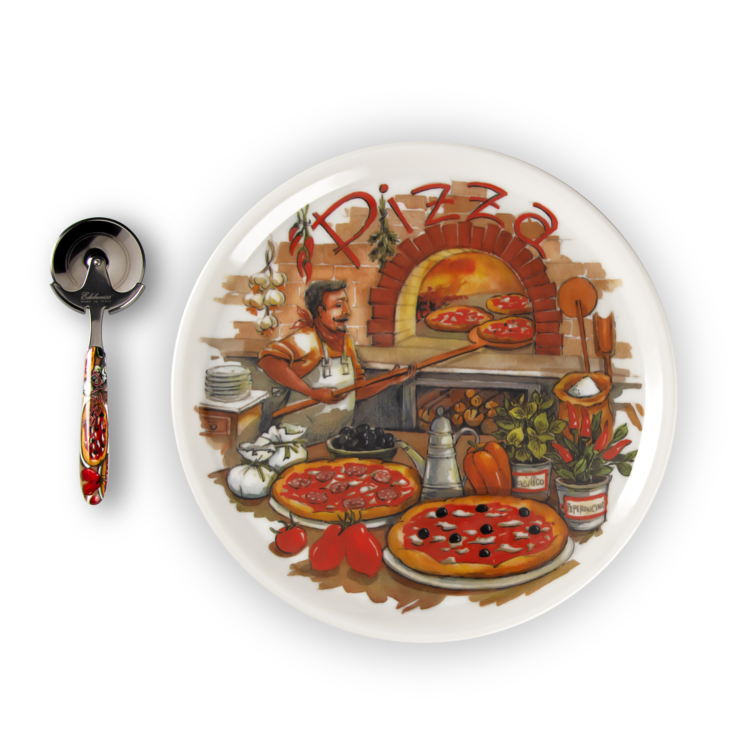 Set piatti pizza in porcellana decorata pizzaiolo con rotella