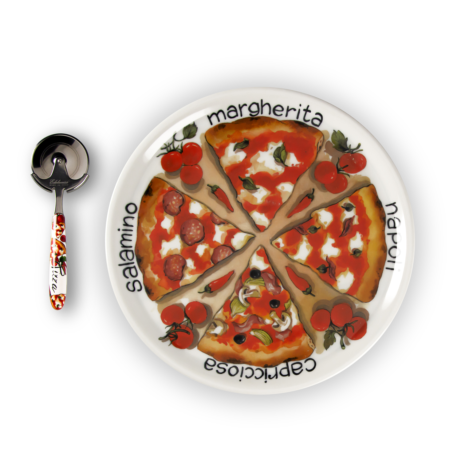 Set piatti pizza in porcellana decorata spicchi con rotella