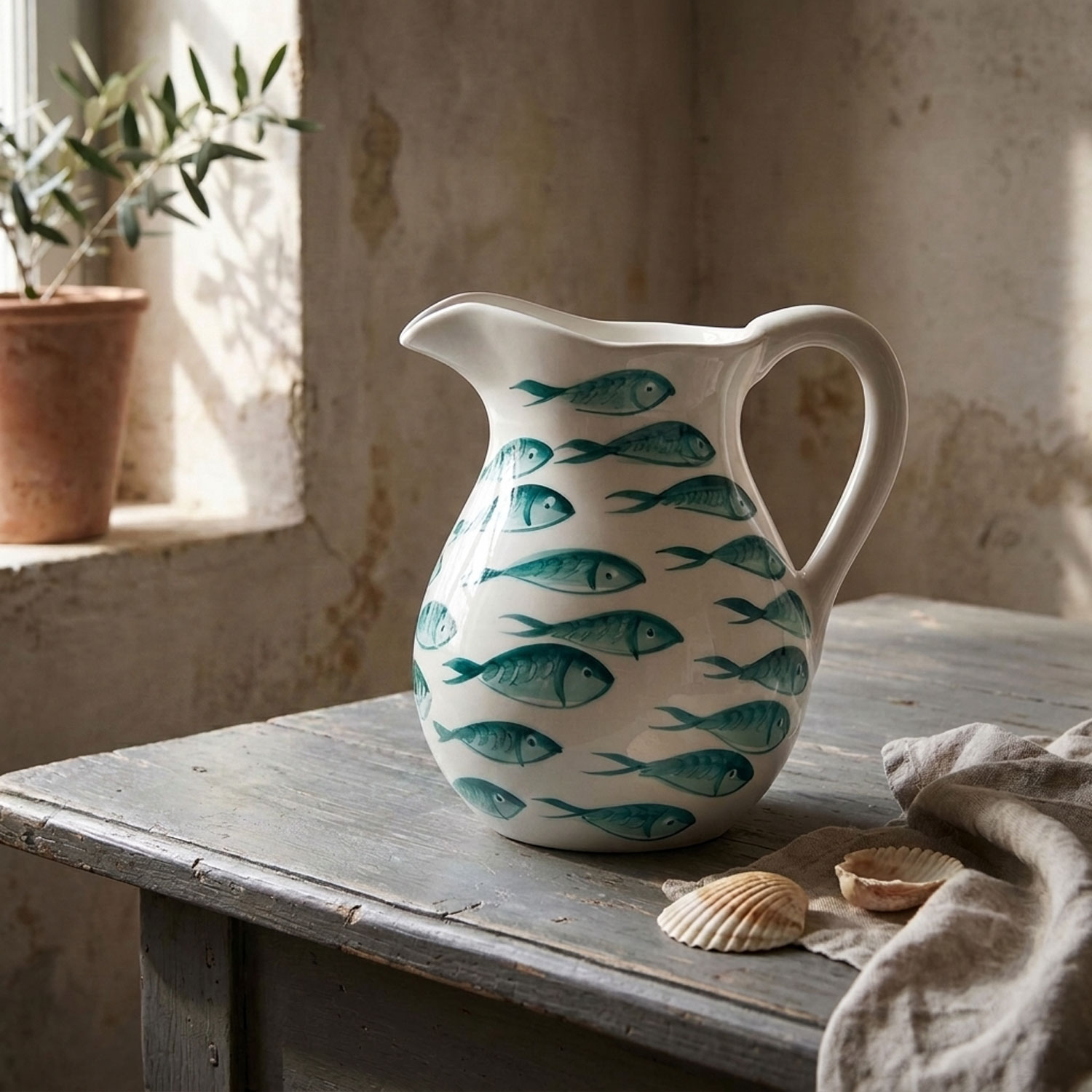 Brocca caraffa in ceramica decorata pesci