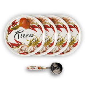 Set piatti pizza in porcellana decorata aglio peperoncino con rotella