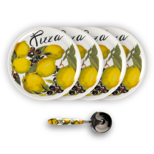 Set piatti pizza in porcellana decorata limoni olive con rotella
