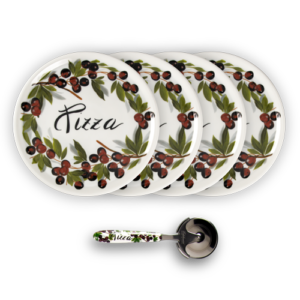 Set piatti pizza in porcellana decorata olive con rotella