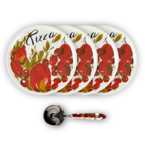 Set piatti pizza in porcellana decorata pomodori con rotella
