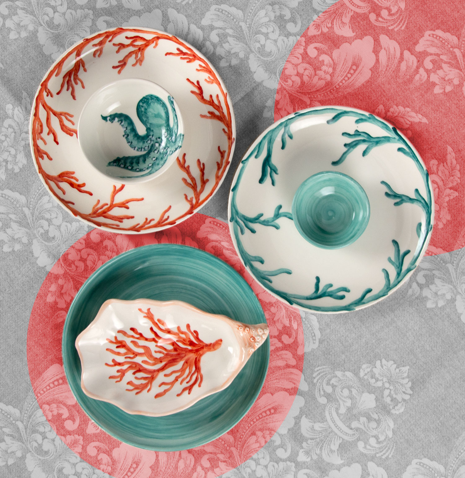 tableware in ceramica, corallo ceramic tableware, coral Keramikgeschirr, Koralle