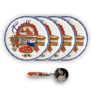 Set piatti pizza in porcellana decorata blu con rotella