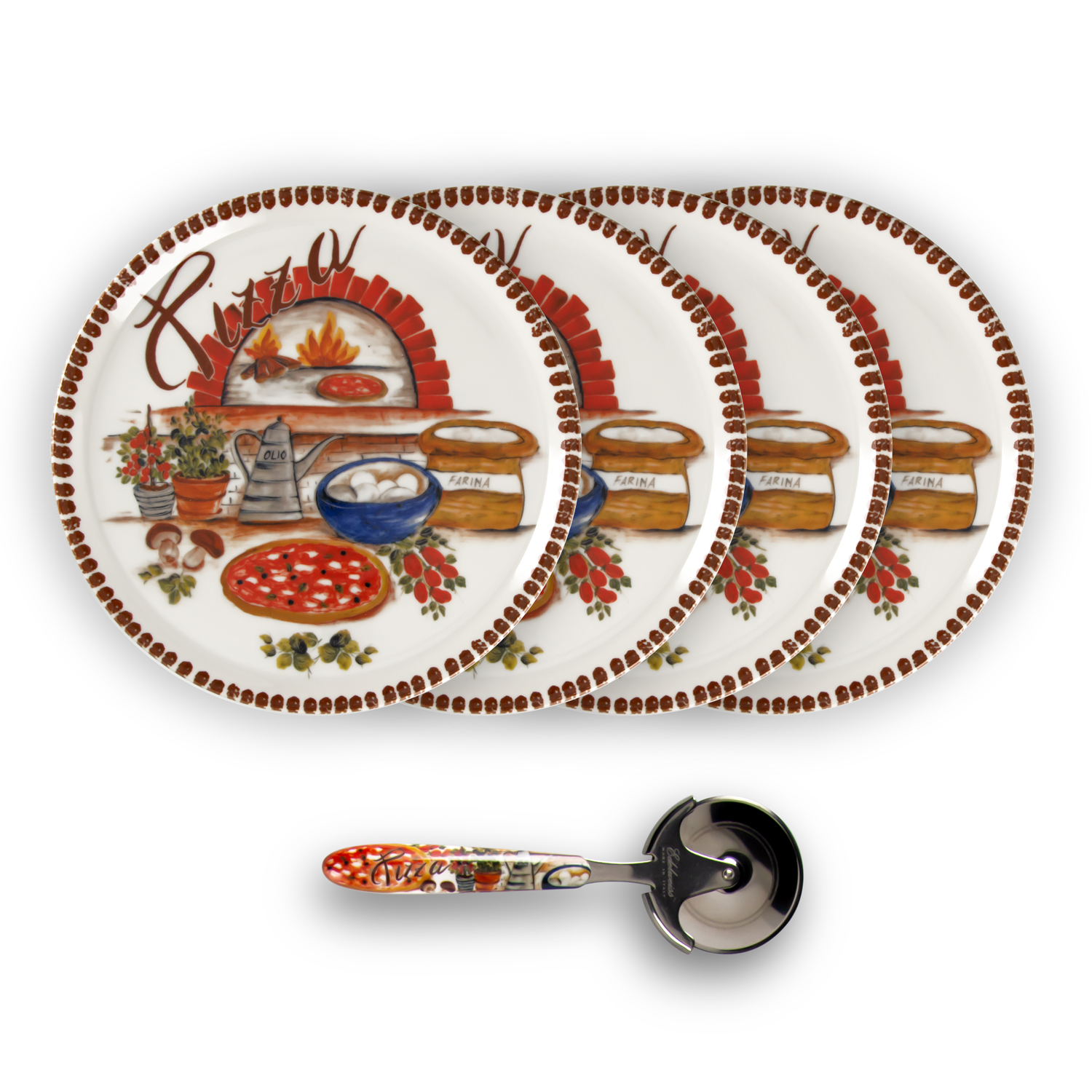 Set piatti pizza in porcellana decorata marrone con rotella