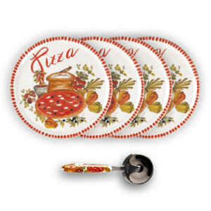 Set piatti pizza in porcellana decorata rosso con rotella