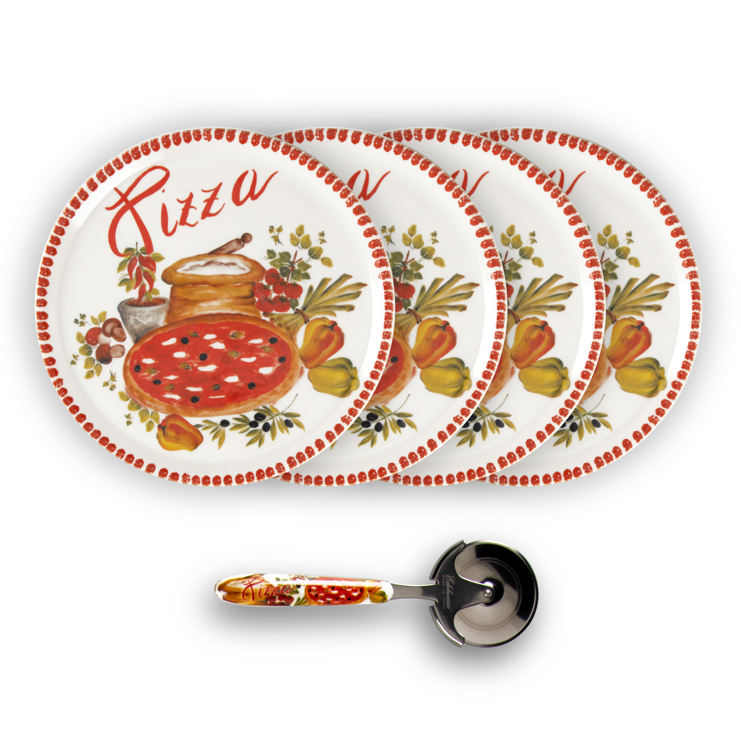 Set piatti pizza in porcellana decorata rosso con rotella