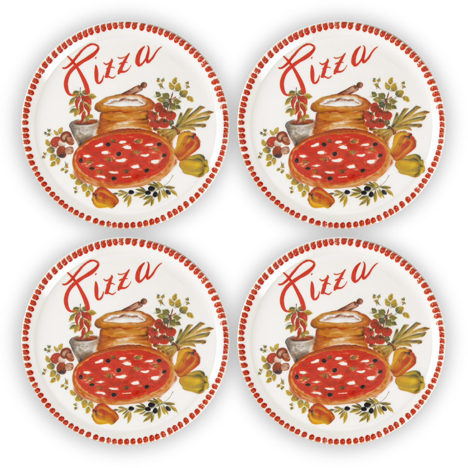 Set piatti pizza in porcellana decorata rosso  