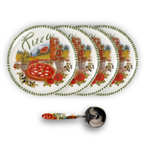 Set piatti pizza in porcellana decorata verde con rotella
