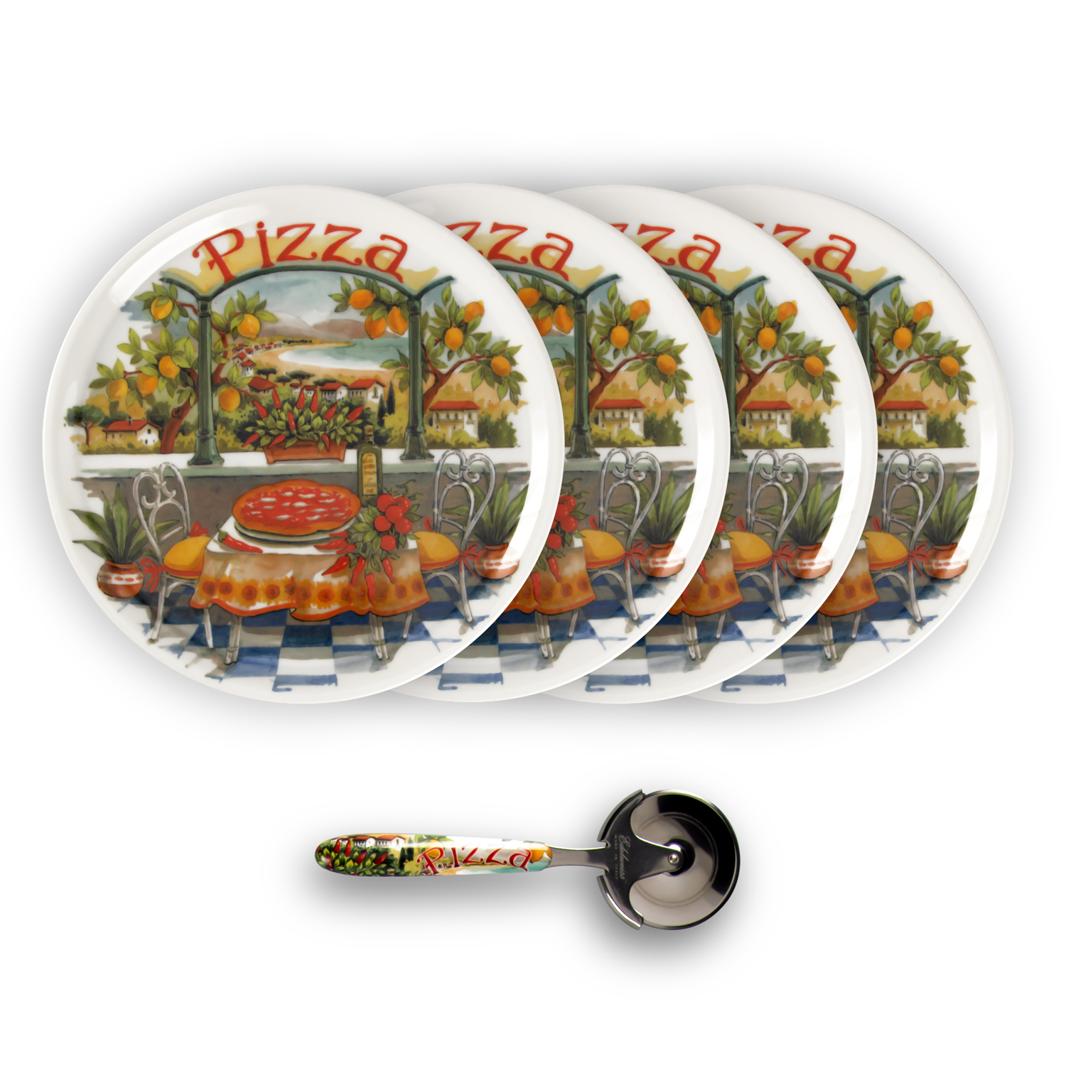 Set piatti pizza in porcellana decorata paesaggio limoni con rotella