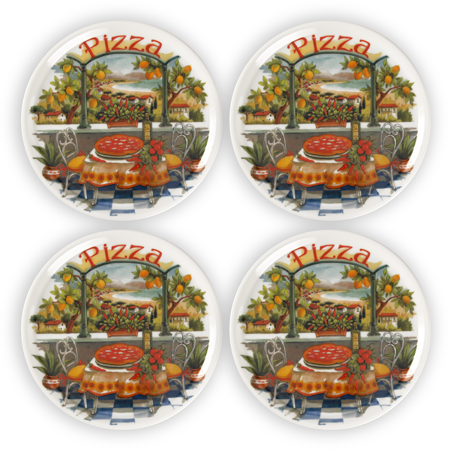 Set piatti pizza in porcellana decorata paesaggio limoni  