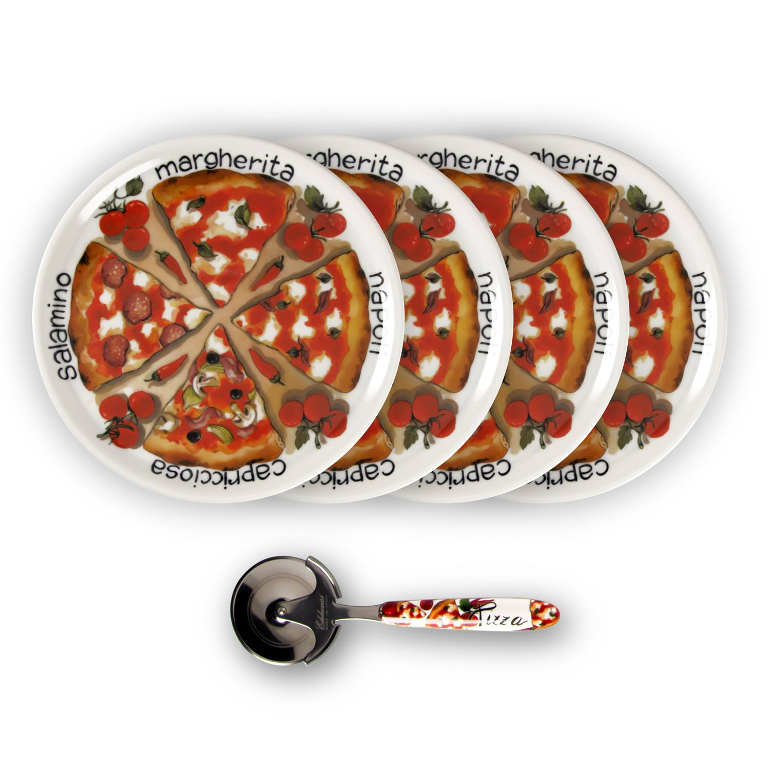 Set piatti pizza in porcellana decorata spicchi con rotella