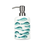 dispenser sapone in ceramica dipinto a mano, decoro pesci Handbemalter Seifenspender aus Keramik, Fischdekor hand-painted ceramic soap dispenser, fish decoration