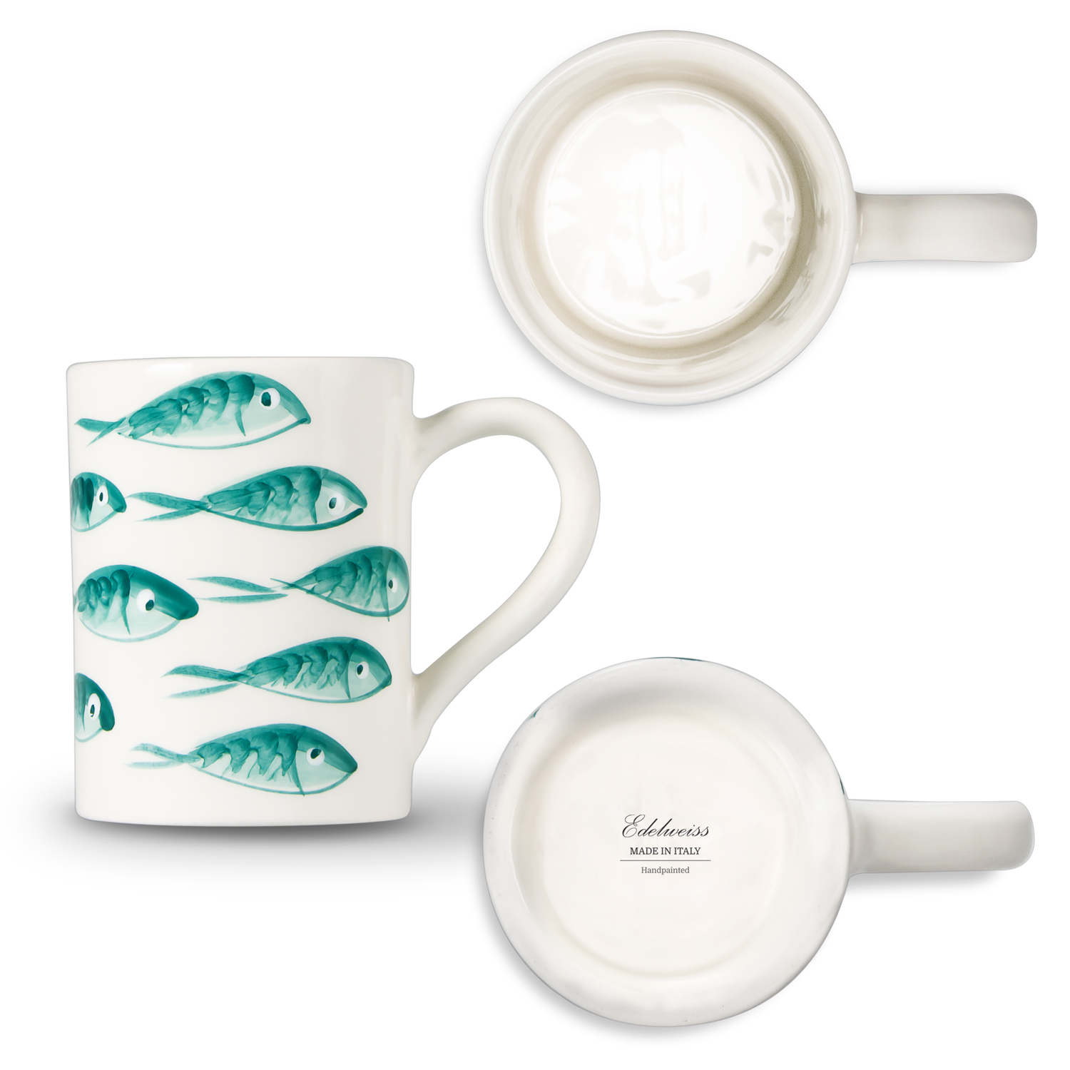 Tazza in ceramica decorata e cucchiaino pesci