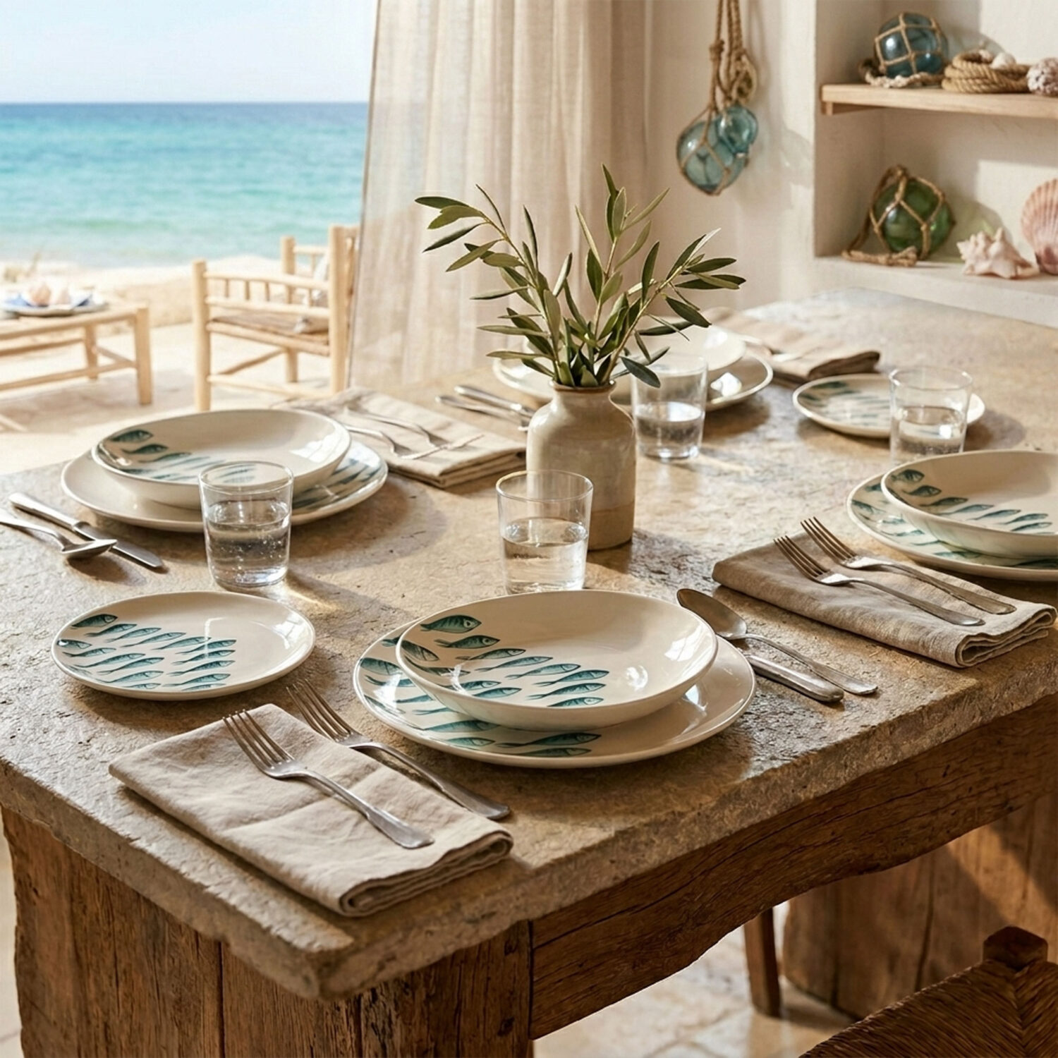 Set piatti in ceramica decorata pesci