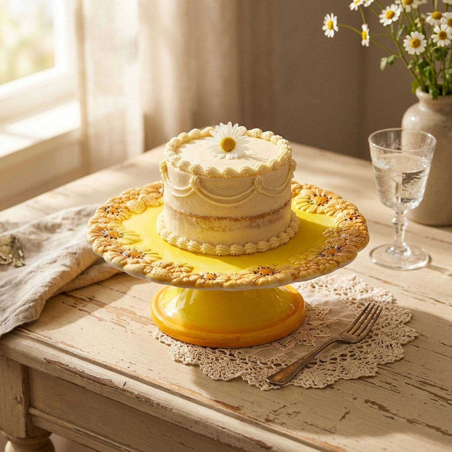 Cake stand small with yellow daisies
