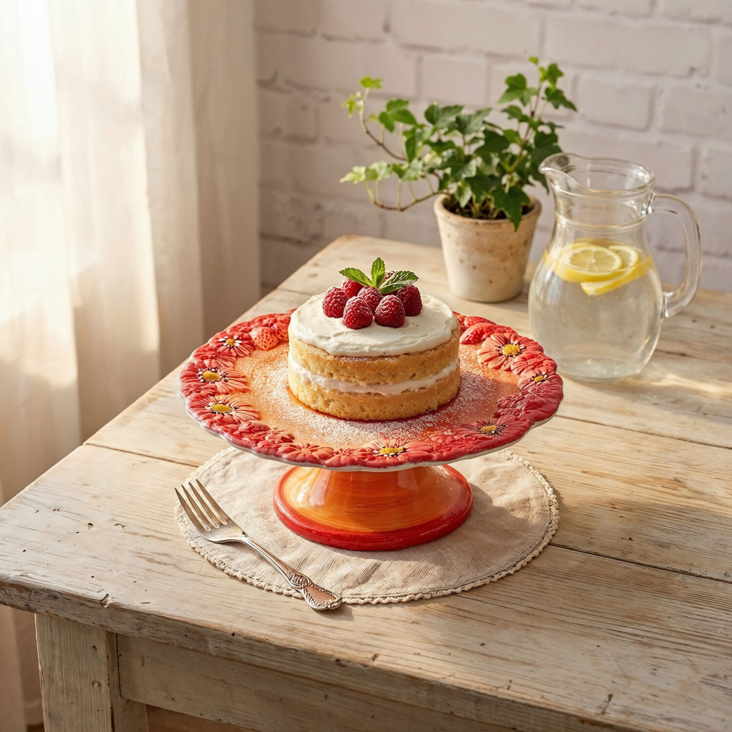 Kleiner Kuchenständer mit roten Gänseblümchen
