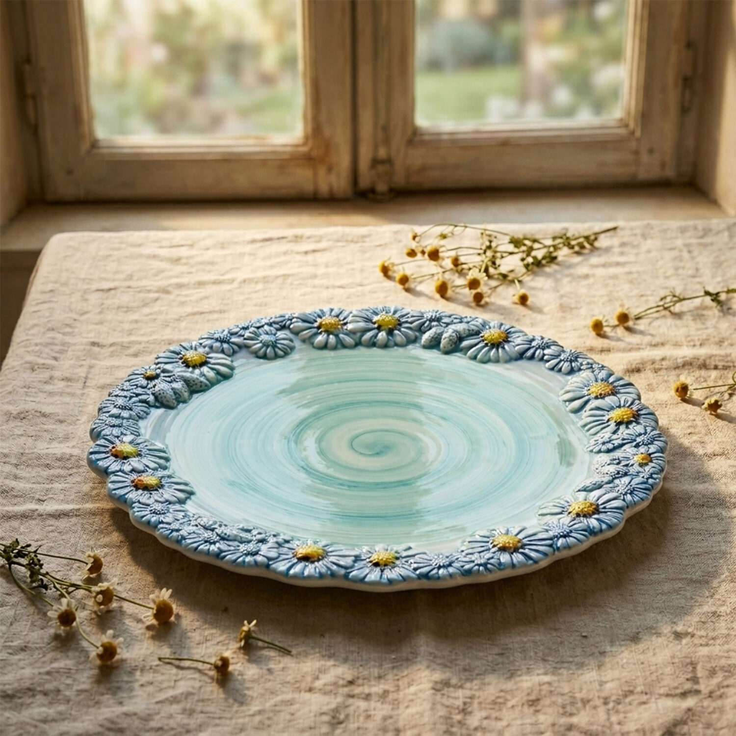 Piatto piano in ceramica decorata margherite tiffany