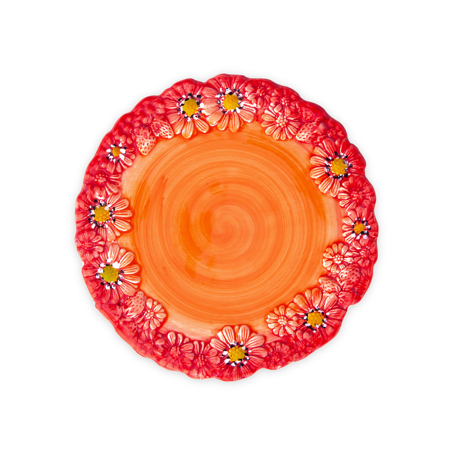 Red dessert plate with daisies