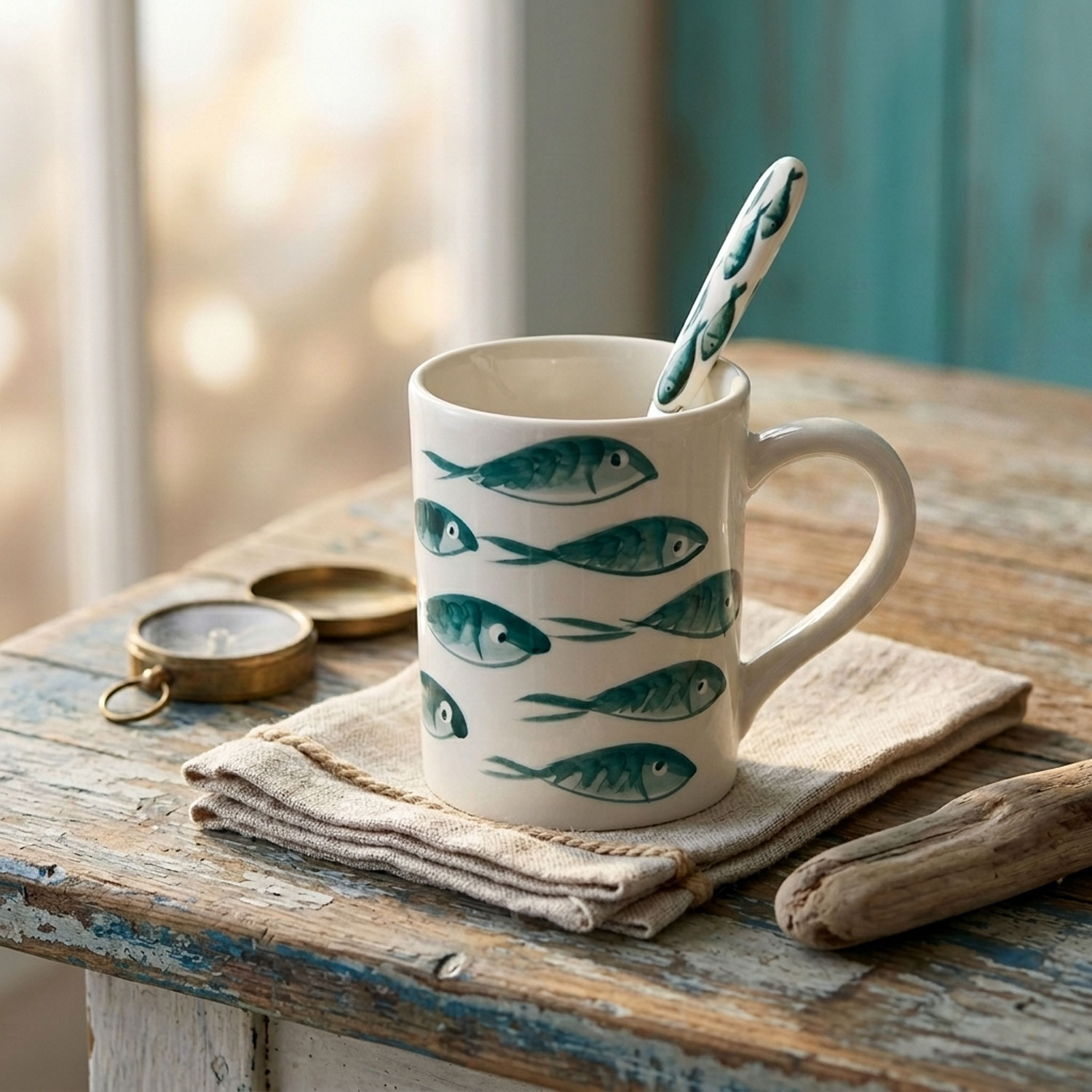 Tazza in ceramica decorata e cucchiaino pesci