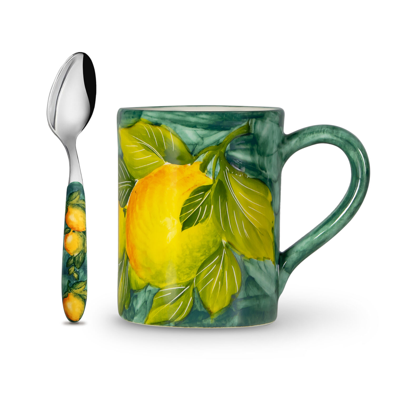 Tazza in ceramica decorata e cucchiaino limoni