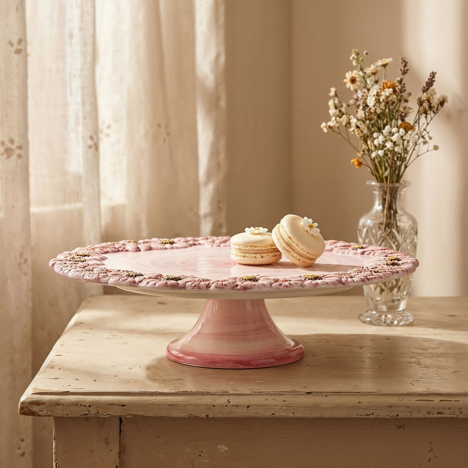 Alzata grande in ceramica decorata rosa
