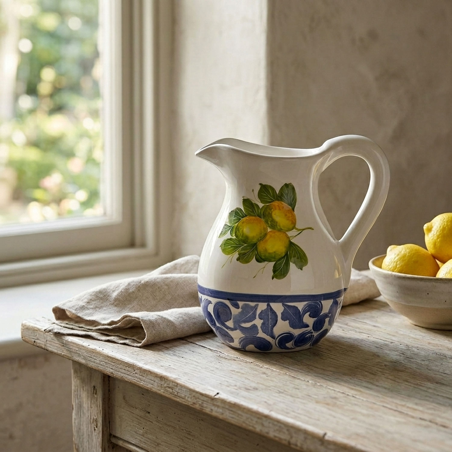 Brocca caraffa in ceramica decorata limoni damascato
