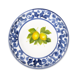 Piatto fondo in ceramica decorata limoni damascato blu