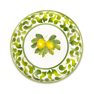 Piatto fondo in ceramica decorata limoni damascato verde