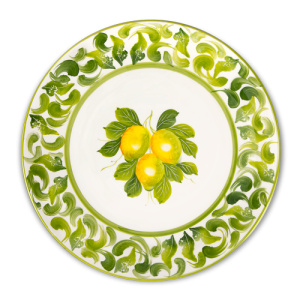 Piatto piano in ceramica decorata limoni e damascato verde