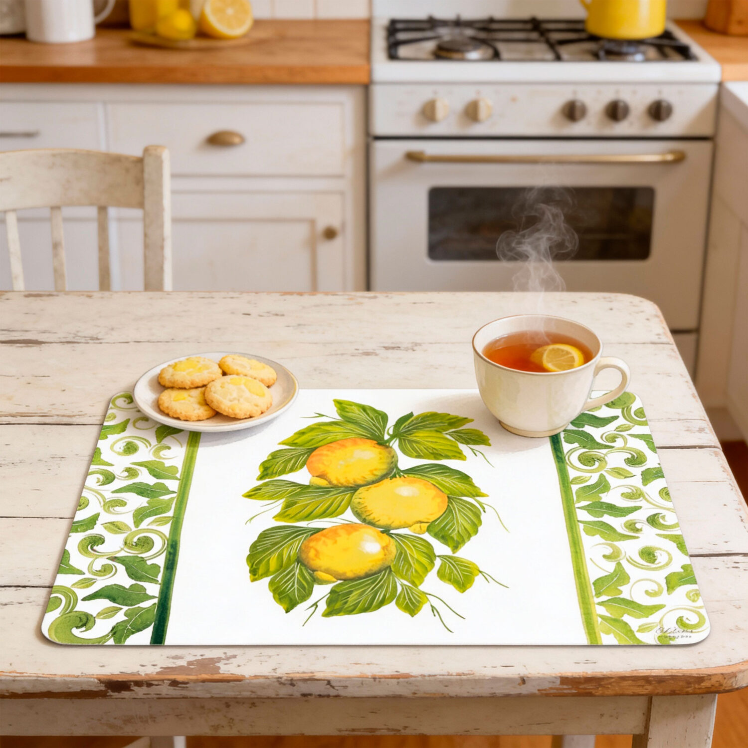 Placemat with lemons green damask