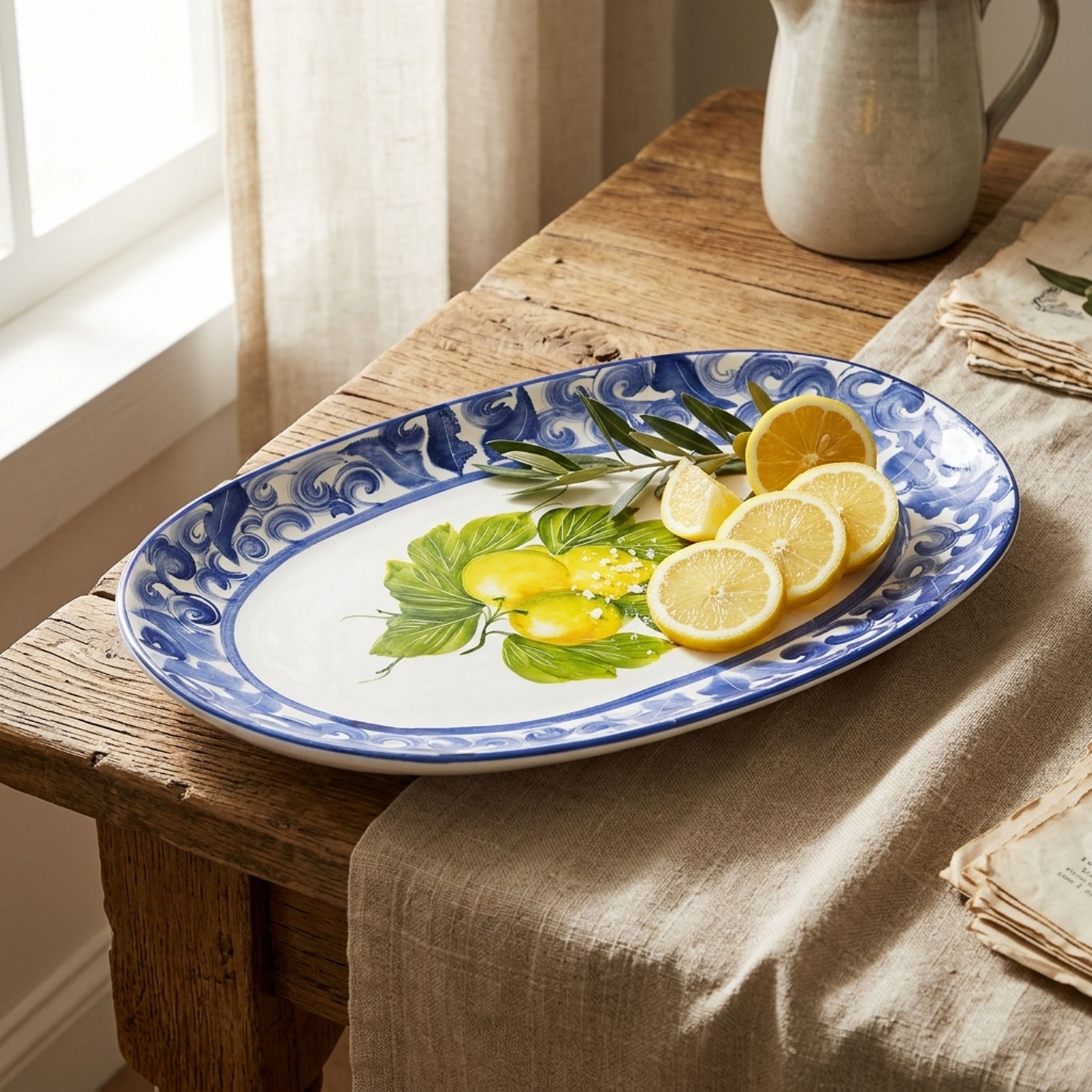 Piatto da portata Limoni damascato blu